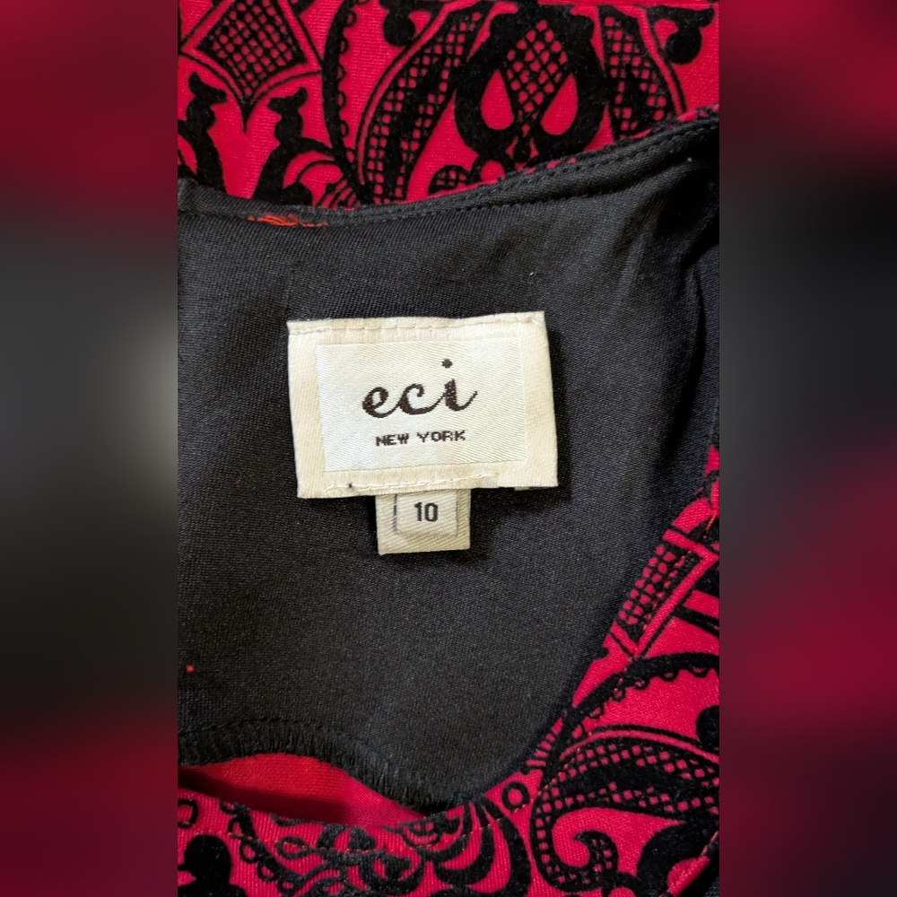 eci Red And Black Flocked Dress With Lace Detail. Size 8. - Picture 3 of 11